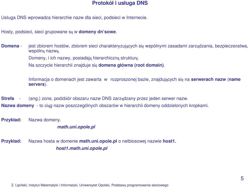 Na szczycie hierarchii znajduje się domena główna (root domain). Informacja o domenach jest zawarta w rozproszonej bazie, znajdujących się na serwerach nazw (name servers). Strefa - (ang.