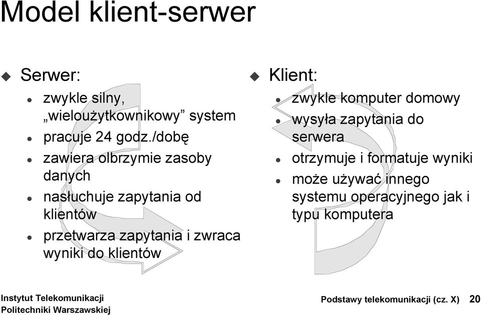 zwraca wyniki do klientów Klient: zwykle komputer domowy wysyła zapytania do serwera otrzymuje i