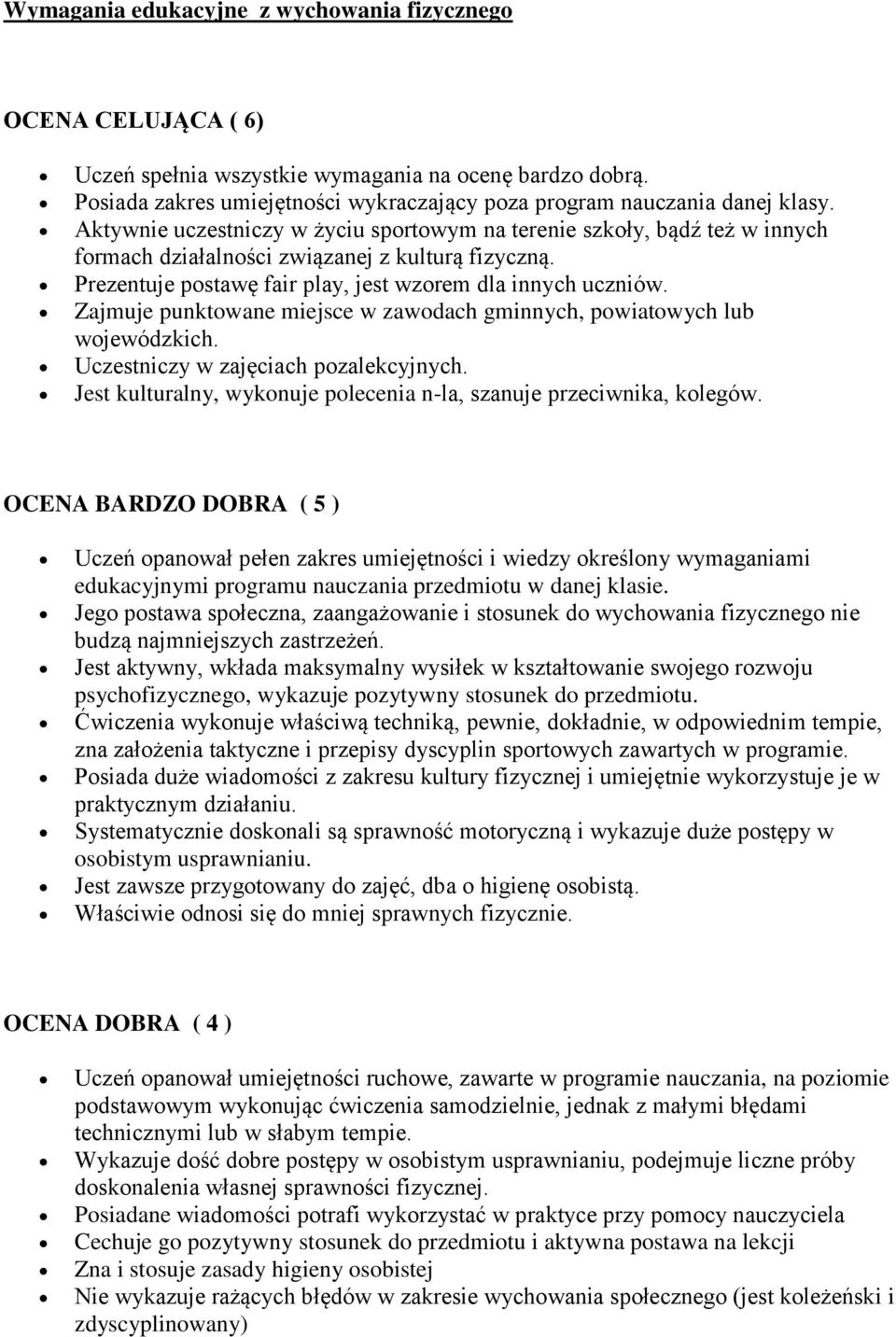 Zajmuje punktowane miejsce w zawodach gminnych, powiatowych lub wojewódzkich. Uczestniczy w zajęciach pozalekcyjnych. Jest kulturalny, wykonuje polecenia n-la, szanuje przeciwnika, kolegów.