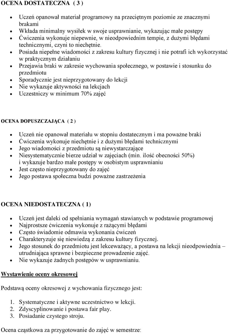 Posiada niepełne wiadomości z zakresu kultury fizycznej i nie potrafi ich wykorzystać w praktycznym działaniu Przejawia braki w zakresie wychowania społecznego, w postawie i stosunku do przedmiotu