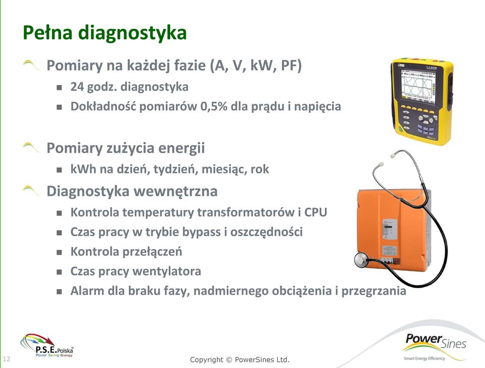 tydzień, miesiąc, rok Diagnostyka wewnętrzna Kontrola temperatury transformatorów i CPU Czas pracy