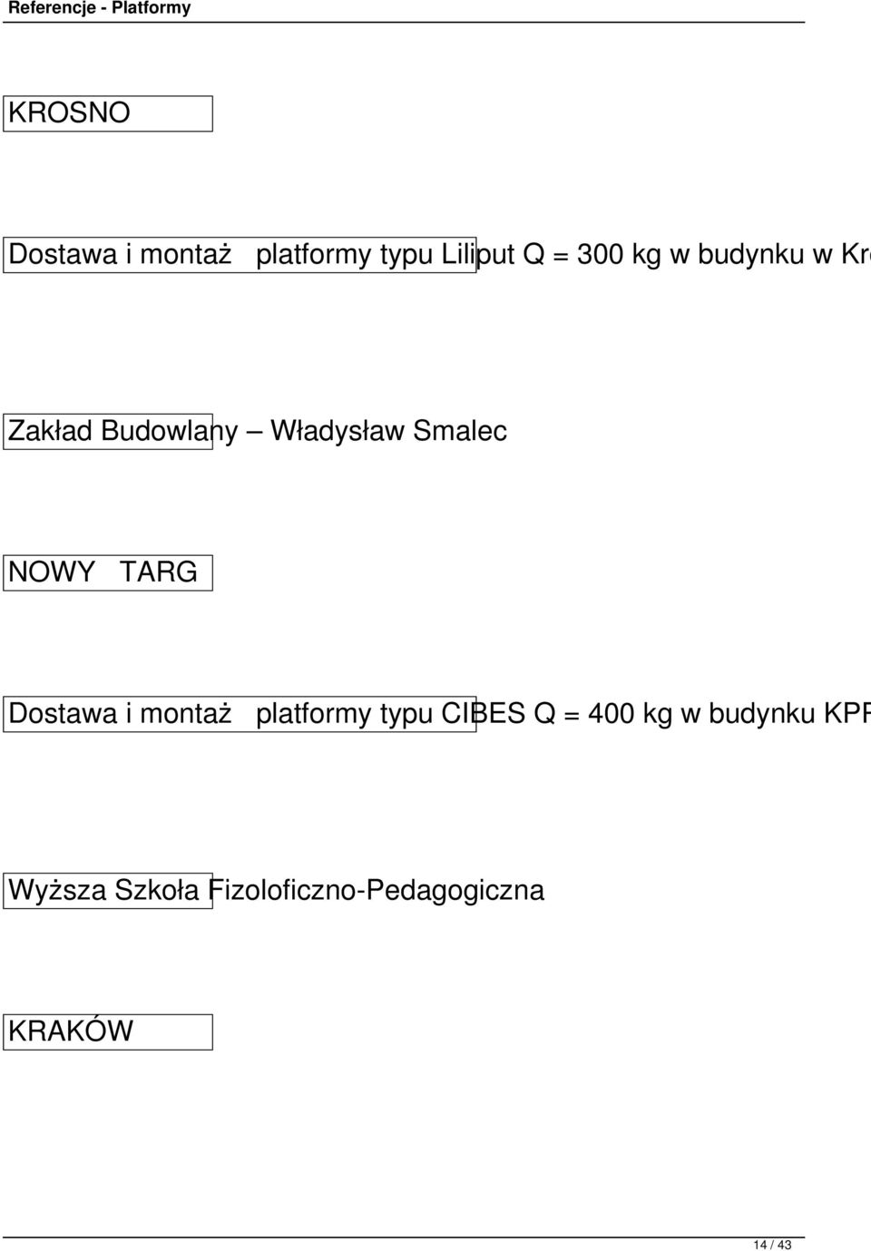 TARG Dostawa i montaż platformy typu CIBES Q = 400 kg w