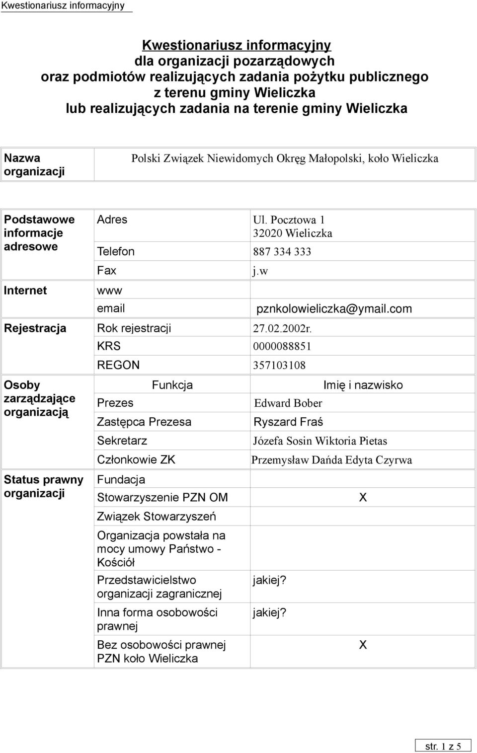 Osoby zarządzające organizacją Status prawny j.