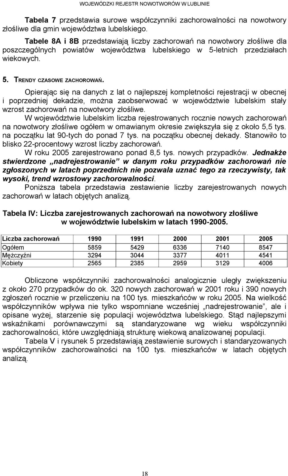 Opierając się na danych z lat o najlepszej kompletności rejestracji w obecnej i poprzedniej dekadzie, można zaobserwować w województwie lubelskim stały wzrost zachorowań na nowotwory złośliwe.