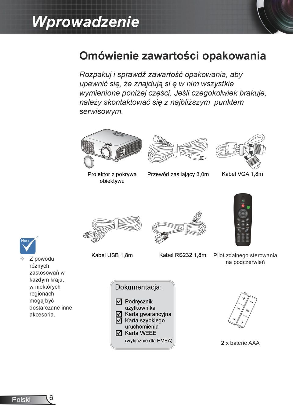 Jeśli czegokolwiek brakuje, należy skontaktować się z najbliższym punktem serwisowym. Projektor z pokrywą obiektywu Przewód zasilający 3,0m Kabel VGA 1,8m LEFT RIGHT?