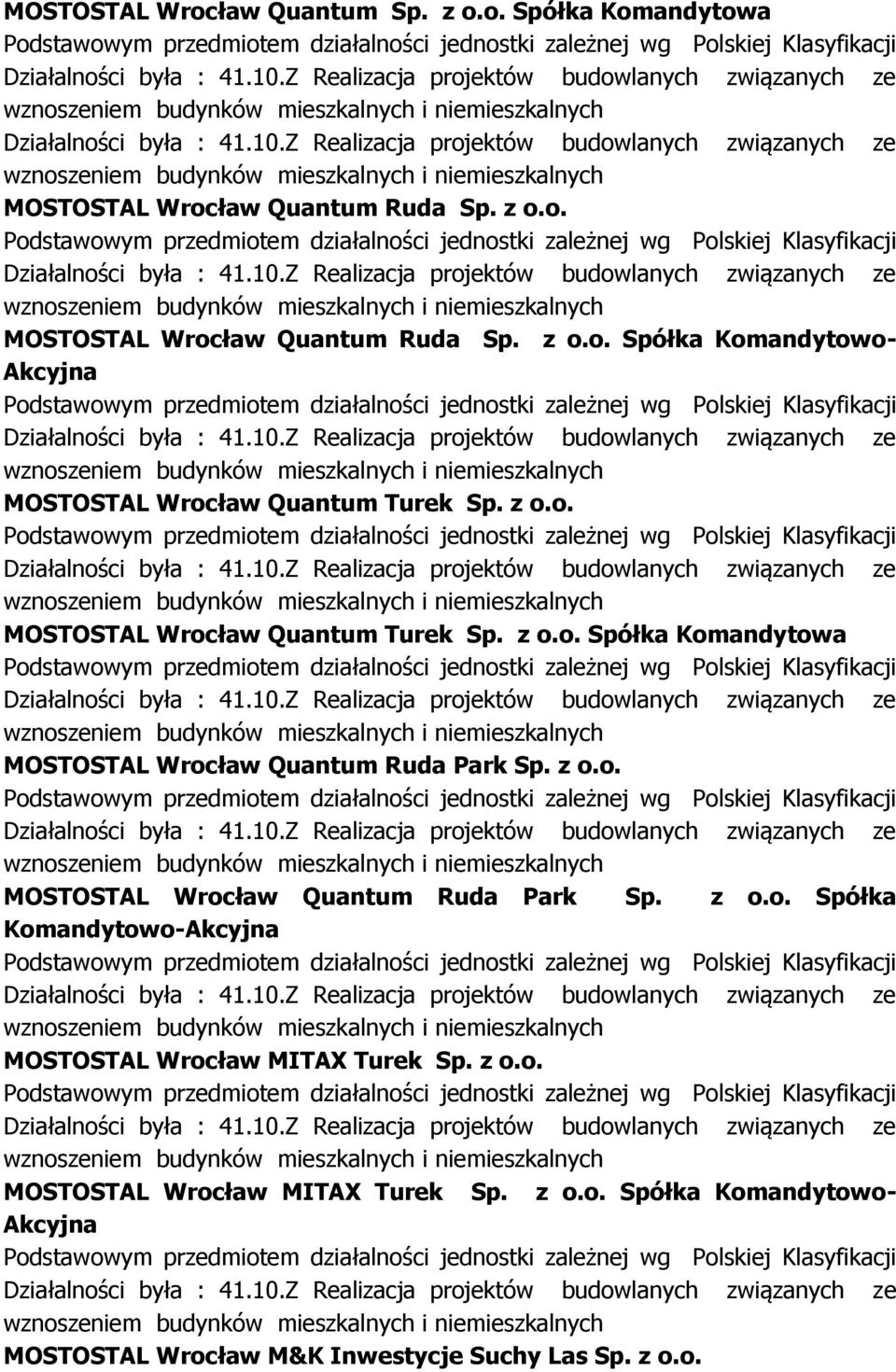 z o.o. MOSTOSTAL Wrocław MITAX Turek Sp. z o.o. Spółka Komandytowo- Akcyjna MOSTOSTAL Wrocław M&K Inwestycje Suchy Las Sp. z o.o.