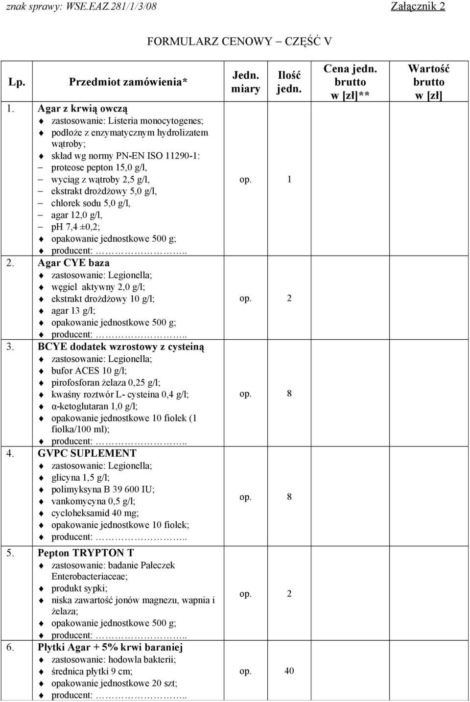 drożdżowy 5,0 g/l, chlorek sodu 5,0 g/l, agar 12,0 g/l, ph 7,4 ±0,2; 2. Agar CYE baza zastosowanie: Legionella; węgiel aktywny 2,0 g/l; ekstrakt drożdżowy 10 g/l; agar 13 g/l; 3.