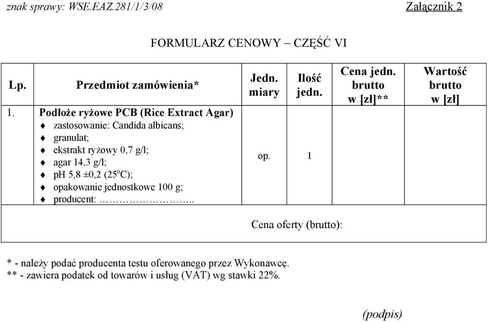 g/l; ph 5,8 ±0,2 (25 0 C); opakowanie jednostkowe 100 g; Jedn. miary Ilość jedn. Cena jedn.