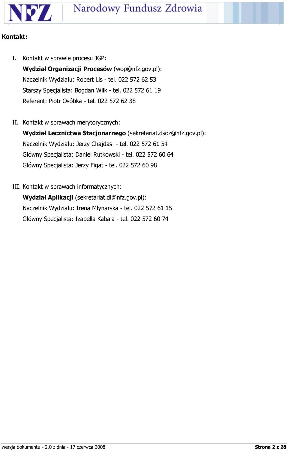 pl): Naczelnik Wydziału: Jerzy Chajdas - tel. 022 572 61 54 Główny Specjalista: Daniel Rutkowski - tel. 022 572 60 64 Główny Specjalista: Jerzy Figat - tel. 022 572 60 98 III.