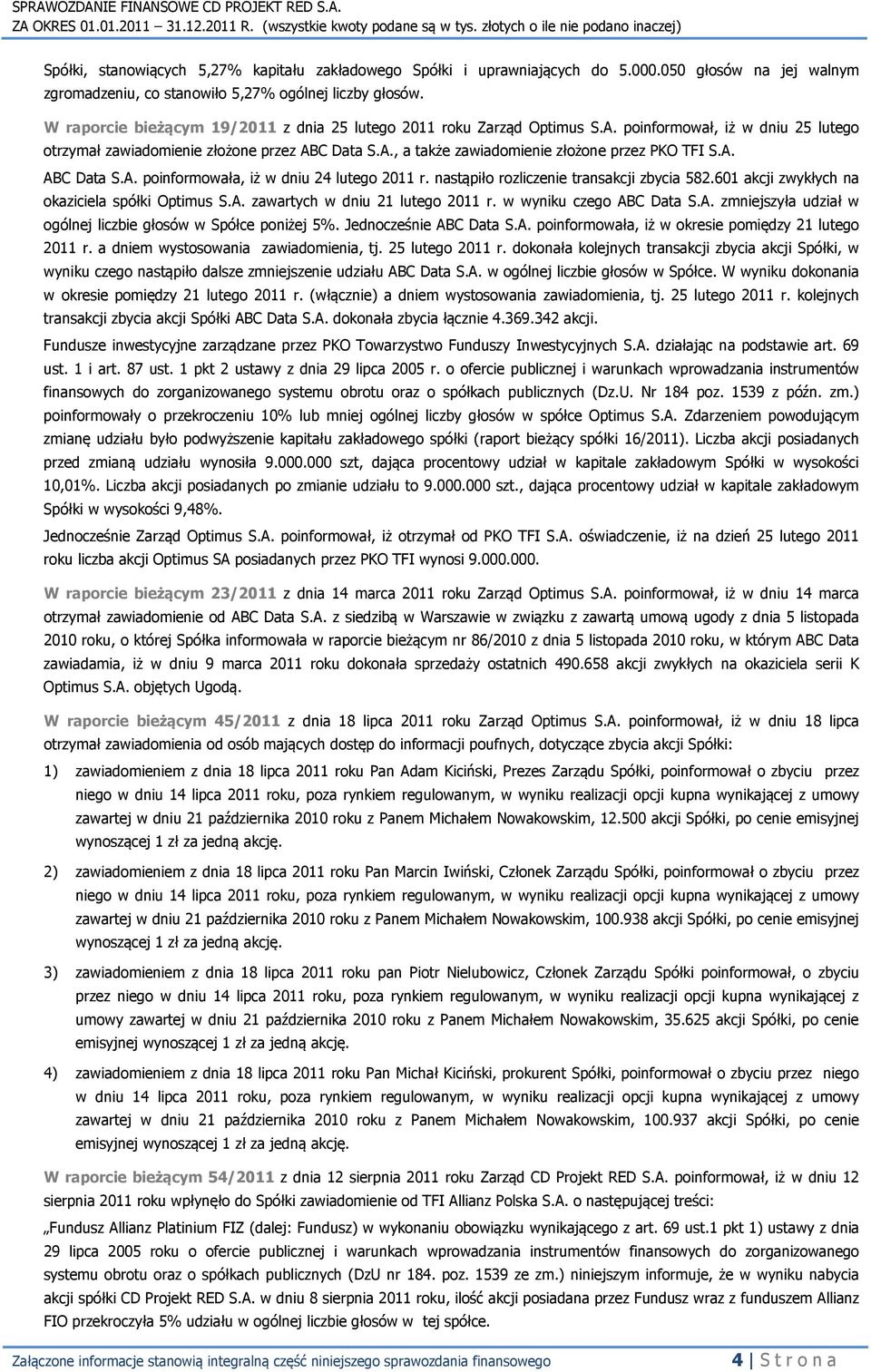 A. ABC Data S.A. poinformowała, iż w dniu 24 lutego 2011 r. nastąpiło rozliczenie transakcji zbycia 582.601 akcji zwykłych na okaziciela spółki Optimus S.A. zawartych w dniu 21 lutego 2011 r.
