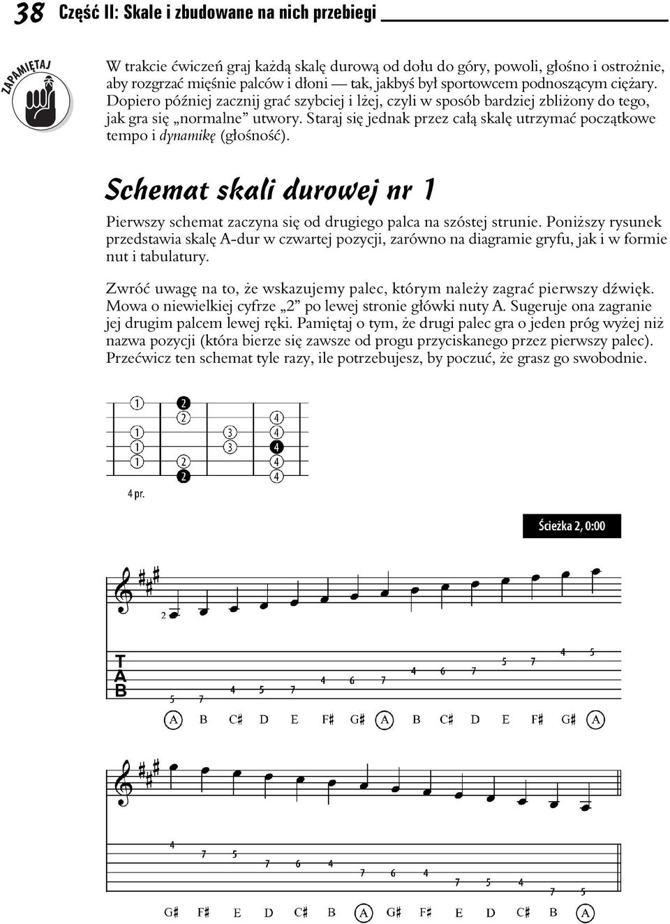 Schemat skali durowej nr 1 Pierwszy schemat zaczyna si od drugiego palca na szóstej strunie.