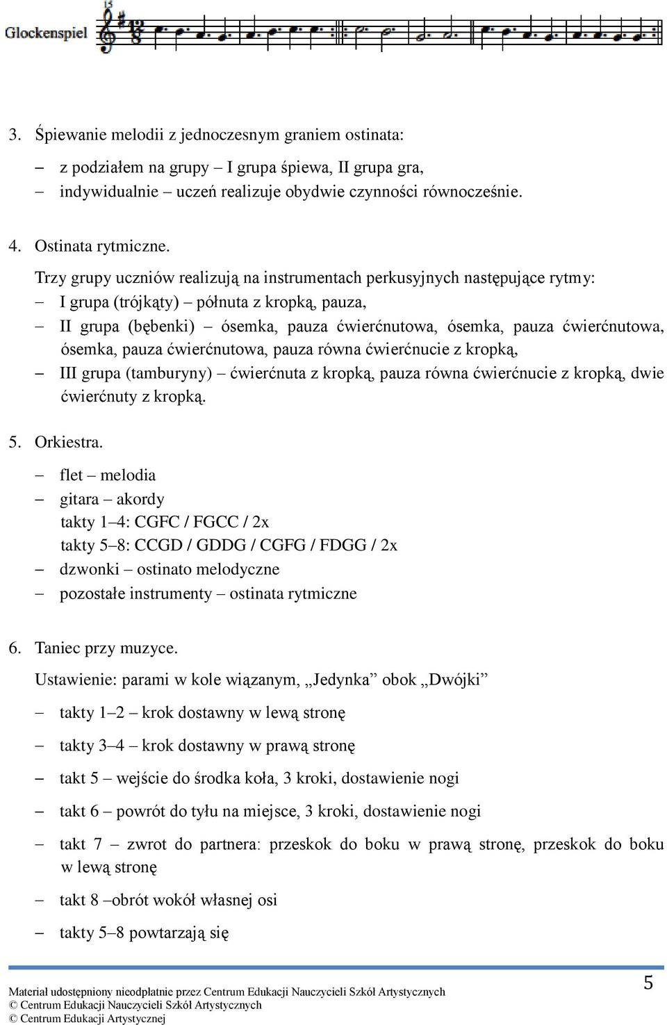 ósemka, pauza ćwierćnutowa, pauza równa ćwierćnucie z kropką, III grupa (tamburyny) ćwierćnuta z kropką, pauza równa ćwierćnucie z kropką, dwie ćwierćnuty z kropką. 5. Orkiestra.