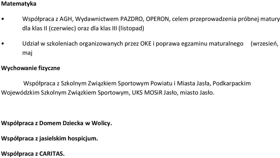 Wychowanie fizyczne Współpraca z Szkolnym Związkiem Sportowym Powiatu i Miasta Jasła, Podkarpackim Wojewódzkim Szkolnym