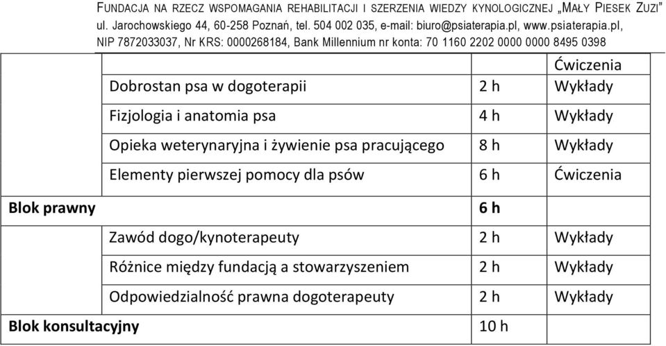 h Blok prawny 6 h Zawód dogo/kynoterapeuty 2 h Wykłady Różnice między fundacją a