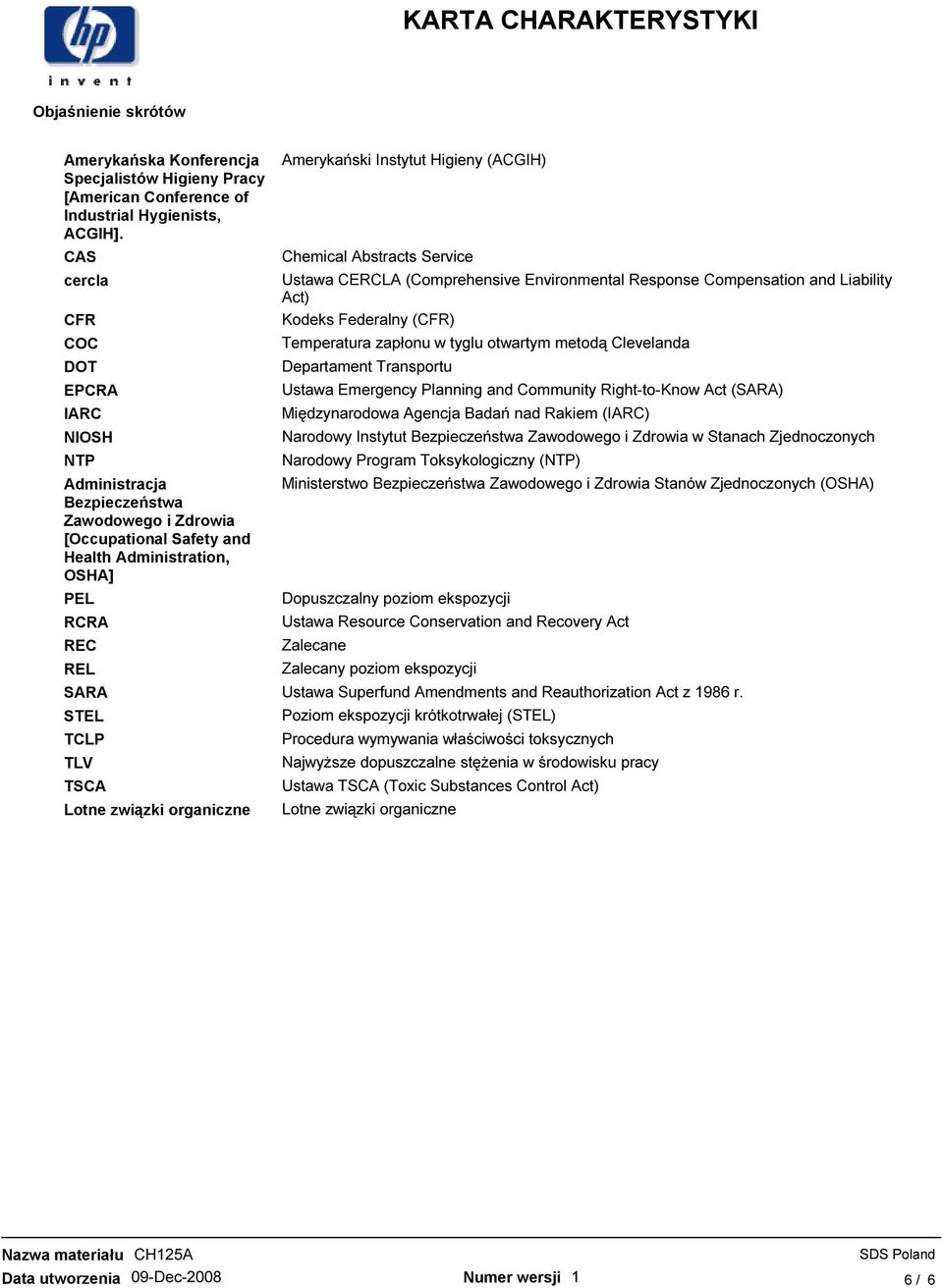 związki organiczne Amerykański Instytut Higieny (ACGIH) Chemical Abstracts Service Ustawa CERCLA (Comprehensive Environmental Response Compensation and Liability Act) Kodeks Federalny (CFR)