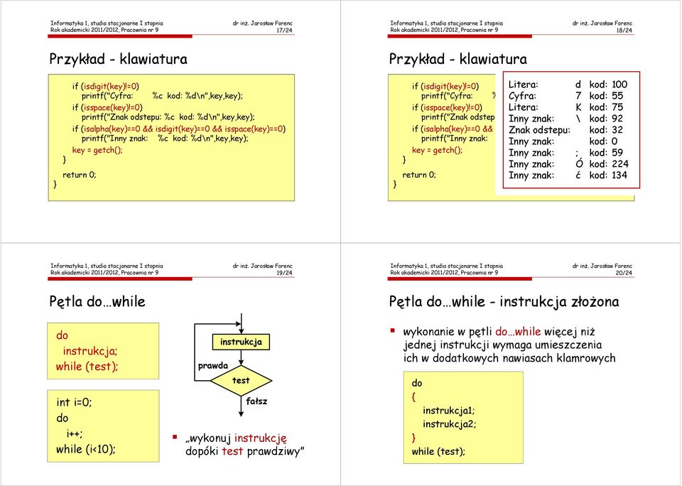 =0) Litera: d kod: 100 printf("cyfra: %c kod: Cyfra: %d\n",key,key); 7 kod: 55 if (isspace(key)!