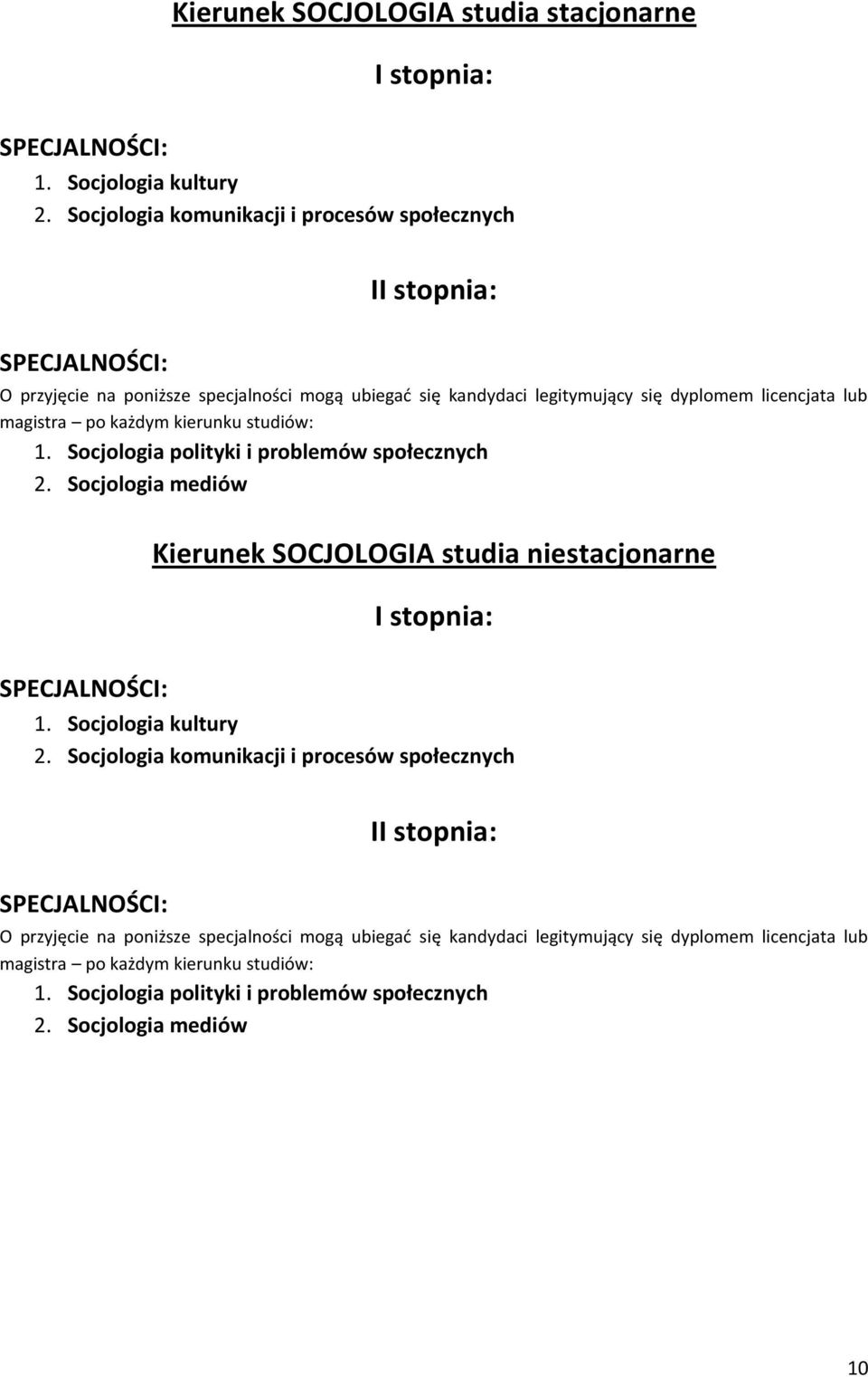 po każdym kierunku studiów: 1. Socjologia polityki i problemów społecznych 2. Socjologia mediów Kierunek SOCJOLOGIA studia niestacjonarne 1. Socjologia kultury 2.