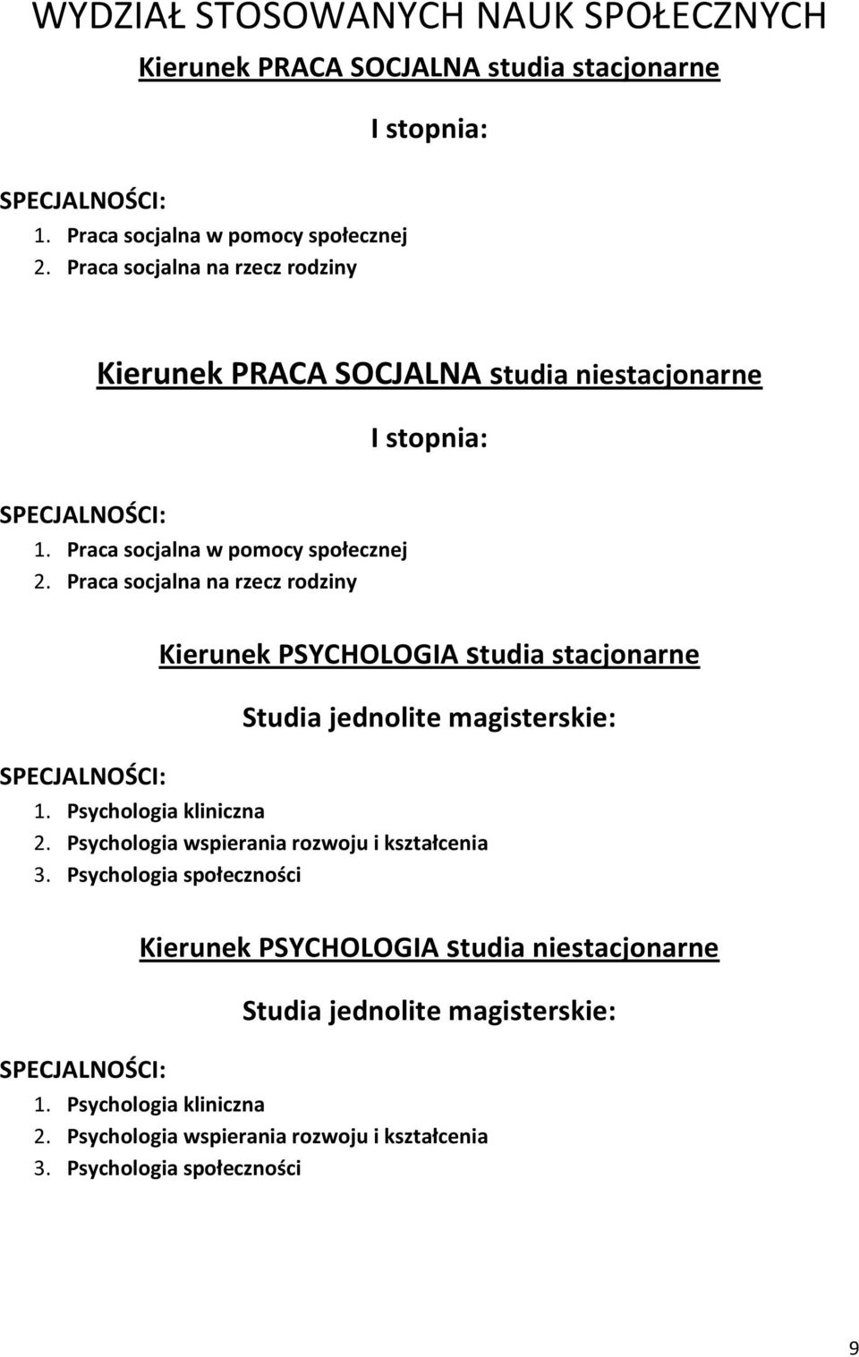 Praca socjalna na rzecz rodziny Kierunek PSYCHOLOGIA studia stacjonarne Studia jednolite magisterskie: 1. Psychologia kliniczna 2.