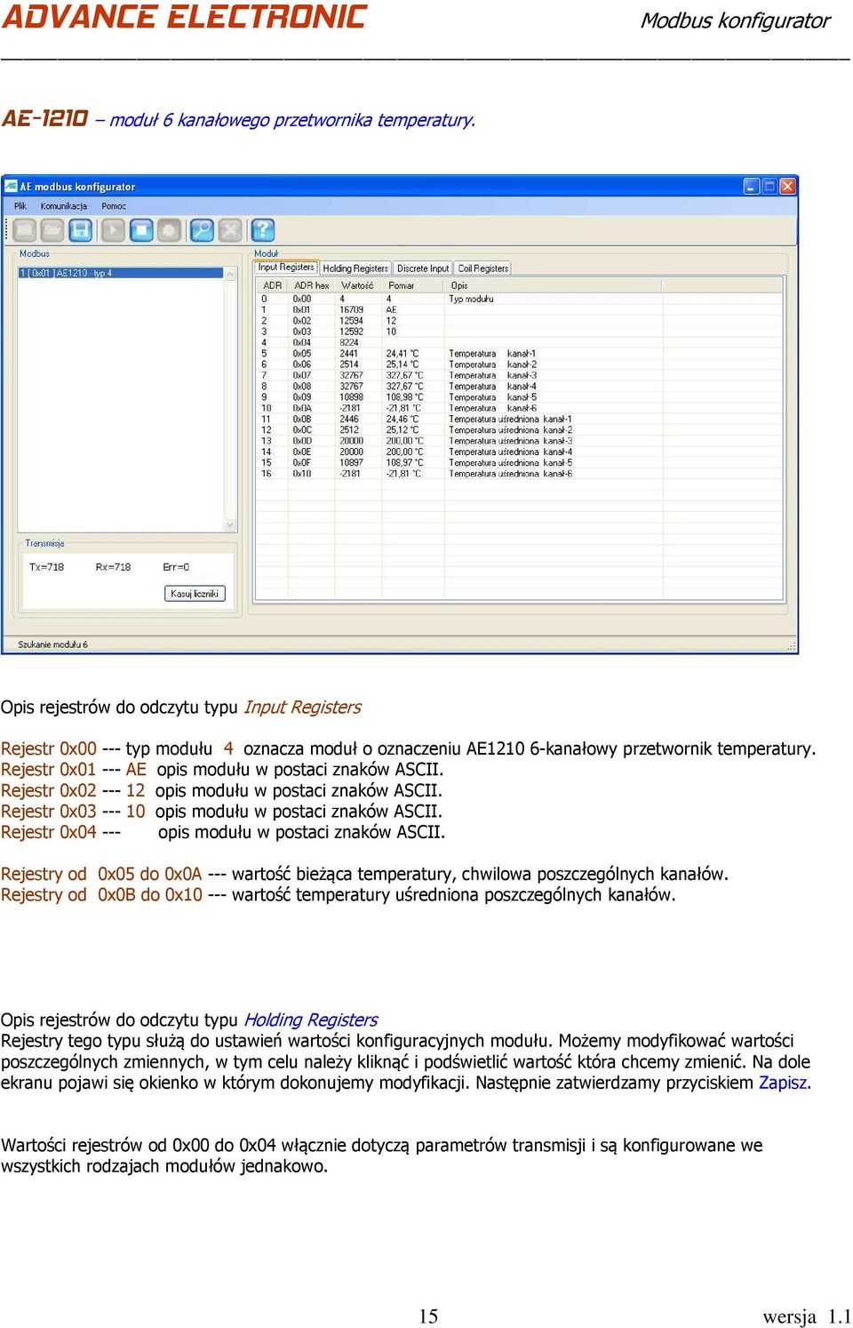 Rejestr 0x04 --- opis modułu w postaci znaków ASCII. Rejestry od 0x05 do 0x0A --- wartość bieżąca temperatury, chwilowa poszczególnych kanałów.