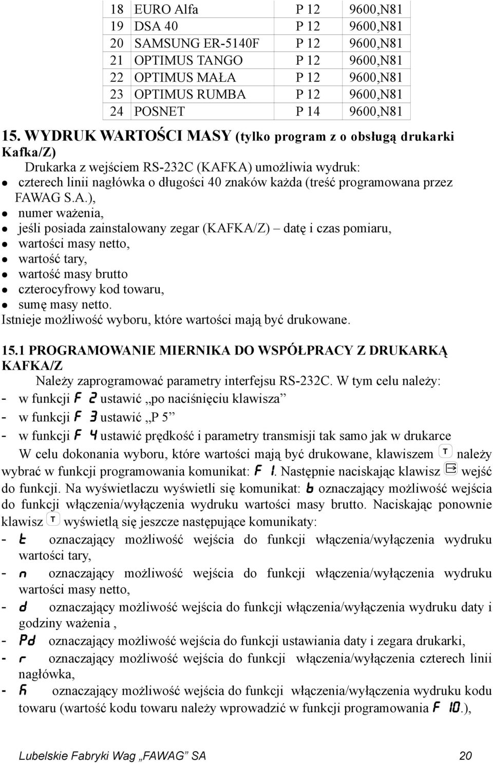 WYDRUK WARTOŚCI MASY (tylko program z o obsługą drukarki Kafka/Z) Drukarka z wejściem RS-232C (KAFKA) umożliwia wydruk: czterech linii nagłówka o długości 40 znaków każda (treść programowana przez