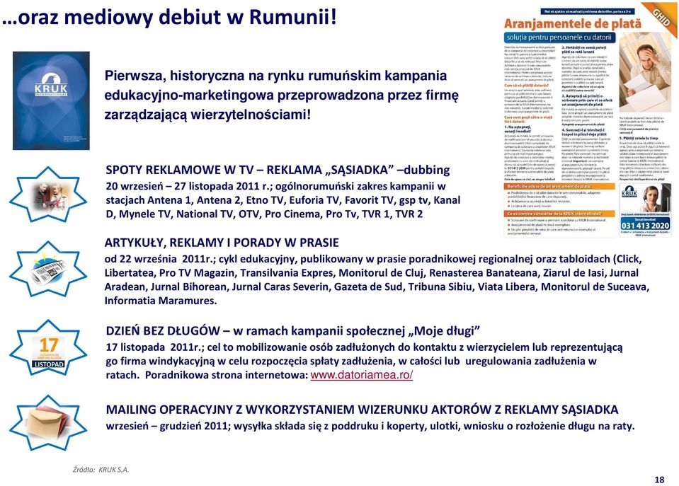 ; ogólnorumuński zakres kampanii w stacjach Antena 1, Antena 2, Etno TV, Euforia TV, FavoritTV, gsptv, Kanal D, MyneleTV, NationalTV, OTV, Pro Cinema, Pro Tv, TVR 1, TVR 2 ARTYKUŁY, REKLAMY I PORADY