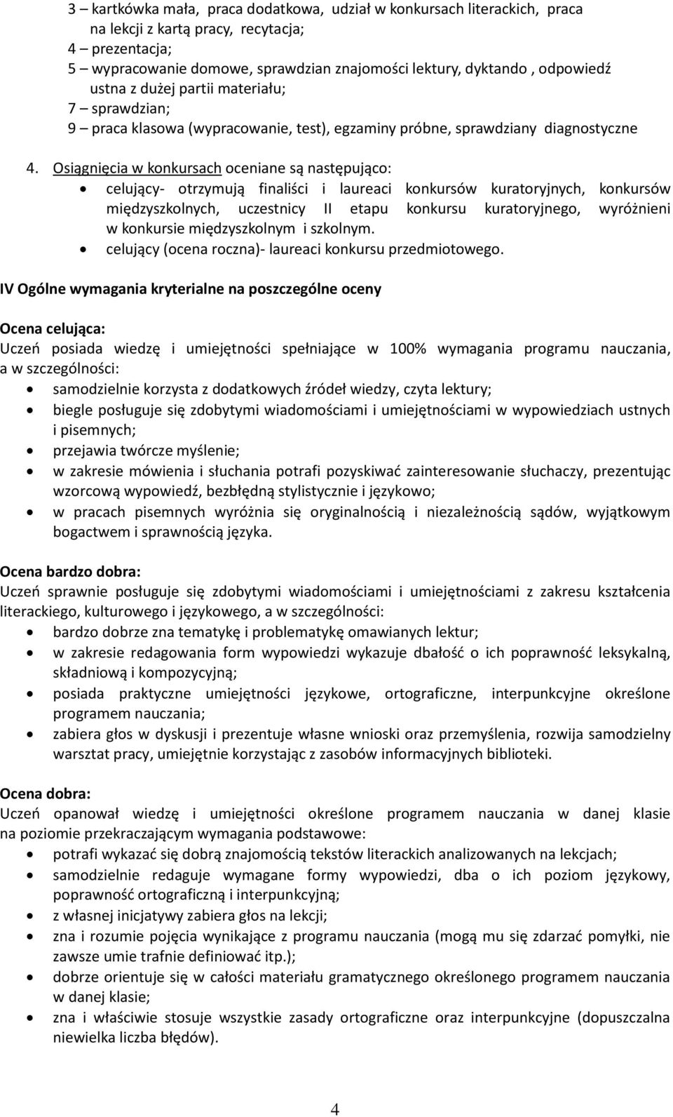 Osiągnięcia w konkursach oceniane są następująco: celujący- otrzymują finaliści i laureaci konkursów kuratoryjnych, konkursów międzyszkolnych, uczestnicy II etapu konkursu kuratoryjnego, wyróżnieni w