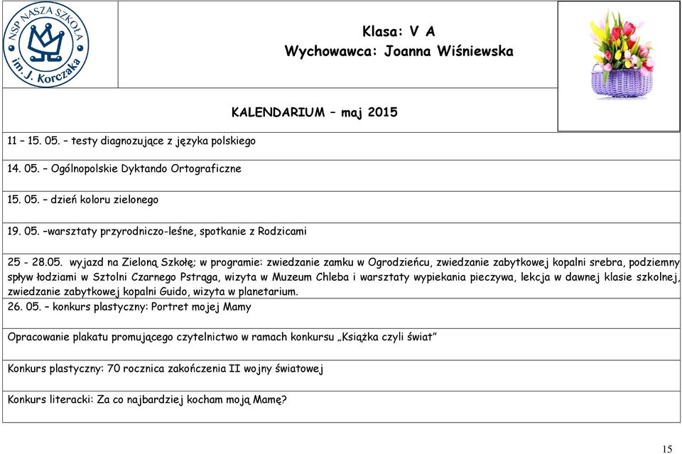 warsztaty wypiekania pieczywa, lekcja w dawnej klasie szkolnej, zwiedzanie zabytkowej kopalni Guido, wizyta w planetarium. 26. 05.