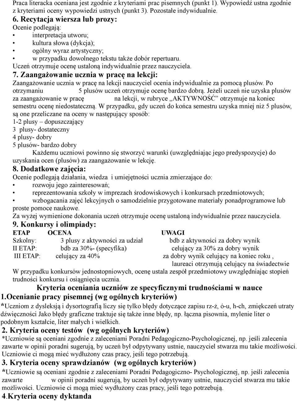 Uczeń otrzymuje ocenę ustaloną indywidualnie przez nauczyciela. 7. Zaangażowanie ucznia w pracę na lekcji: Zaangażowanie ucznia w pracę na lekcji nauczyciel ocenia indywidualnie za pomocą plusów.