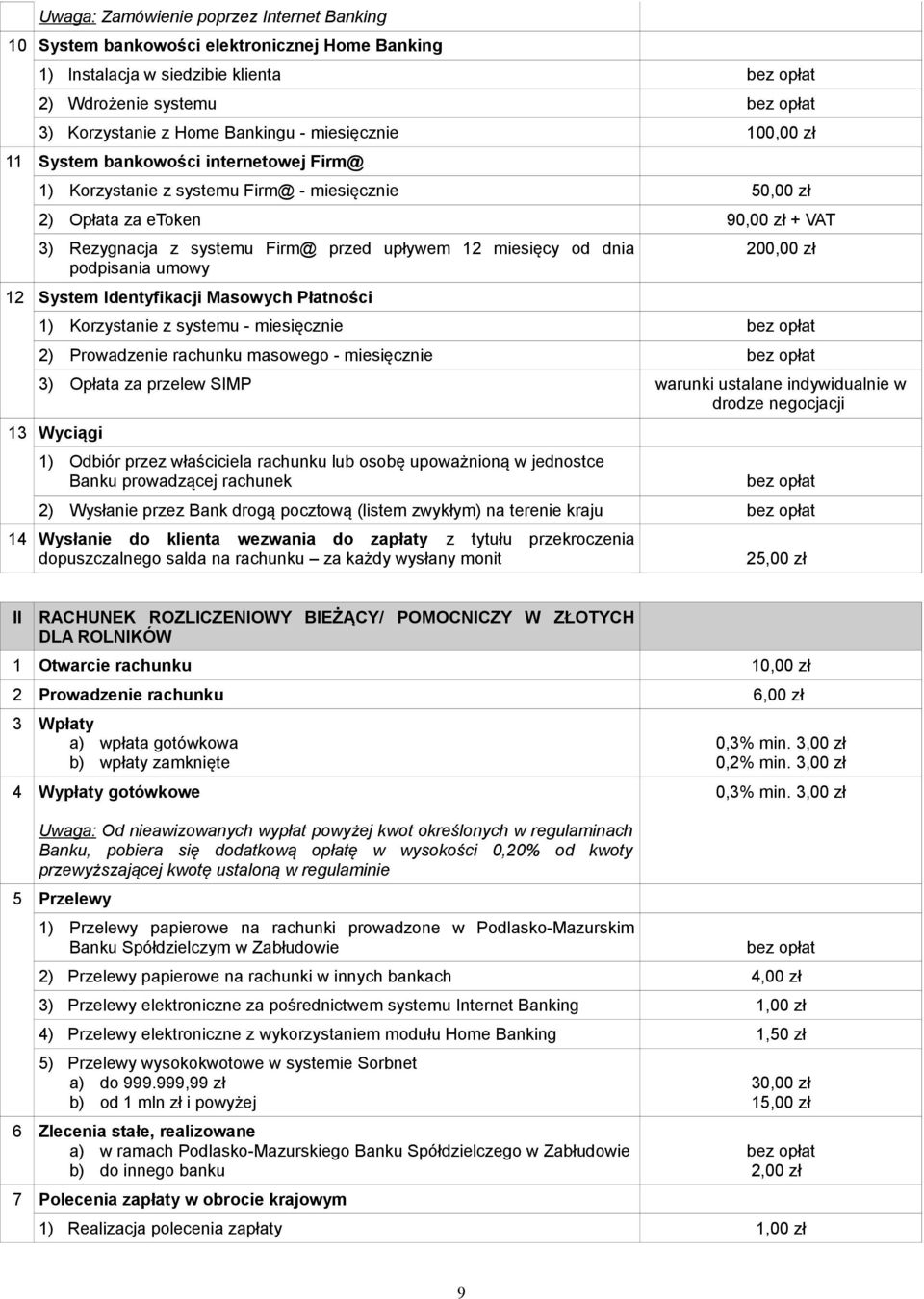 podpisania umowy 12 System Identyfikacji Masowych Płatności 200,00 zł 1) Korzystanie z systemu - miesięcznie 2) Prowadzenie rachunku masowego - miesięcznie 3) Opłata za przelew SIMP warunki ustalane