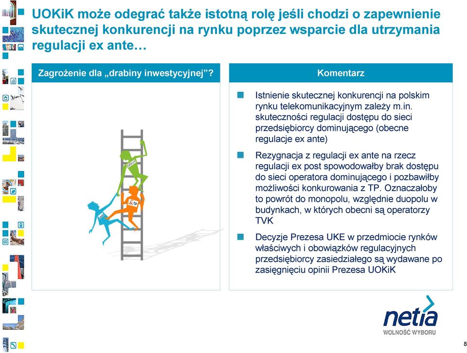 skuteczności regulacji dostępu do sieci przedsiębiorcy dominującego (obecne regulacje ex ante) Rezygnacja z regulacji ex ante na rzecz regulacji ex post spowodowałby brak dostępu do sieci operatora