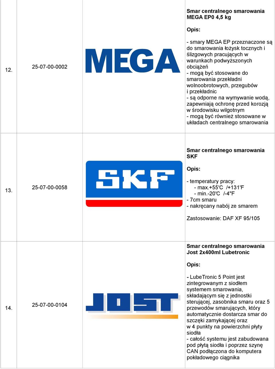 przegubów i przekładnic - są odporne na wymywanie wodą, zapewniają ochronę przed korozją w środowisku wilgotnym - mogą być również stosowane w układach centralnego smarowania SKF 13.