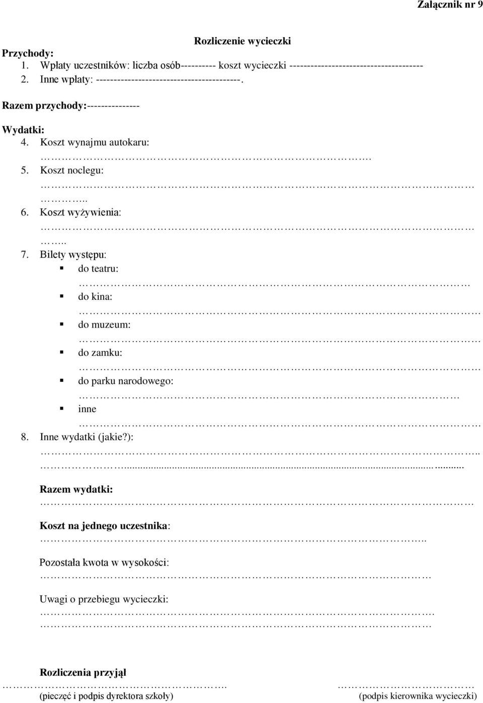 Koszt wyżywienia:.. 7. Bilety występu: do teatru: do kina: do muzeum: do zamku: do parku narodowego: inne 8. Inne wydatki (jakie?):.