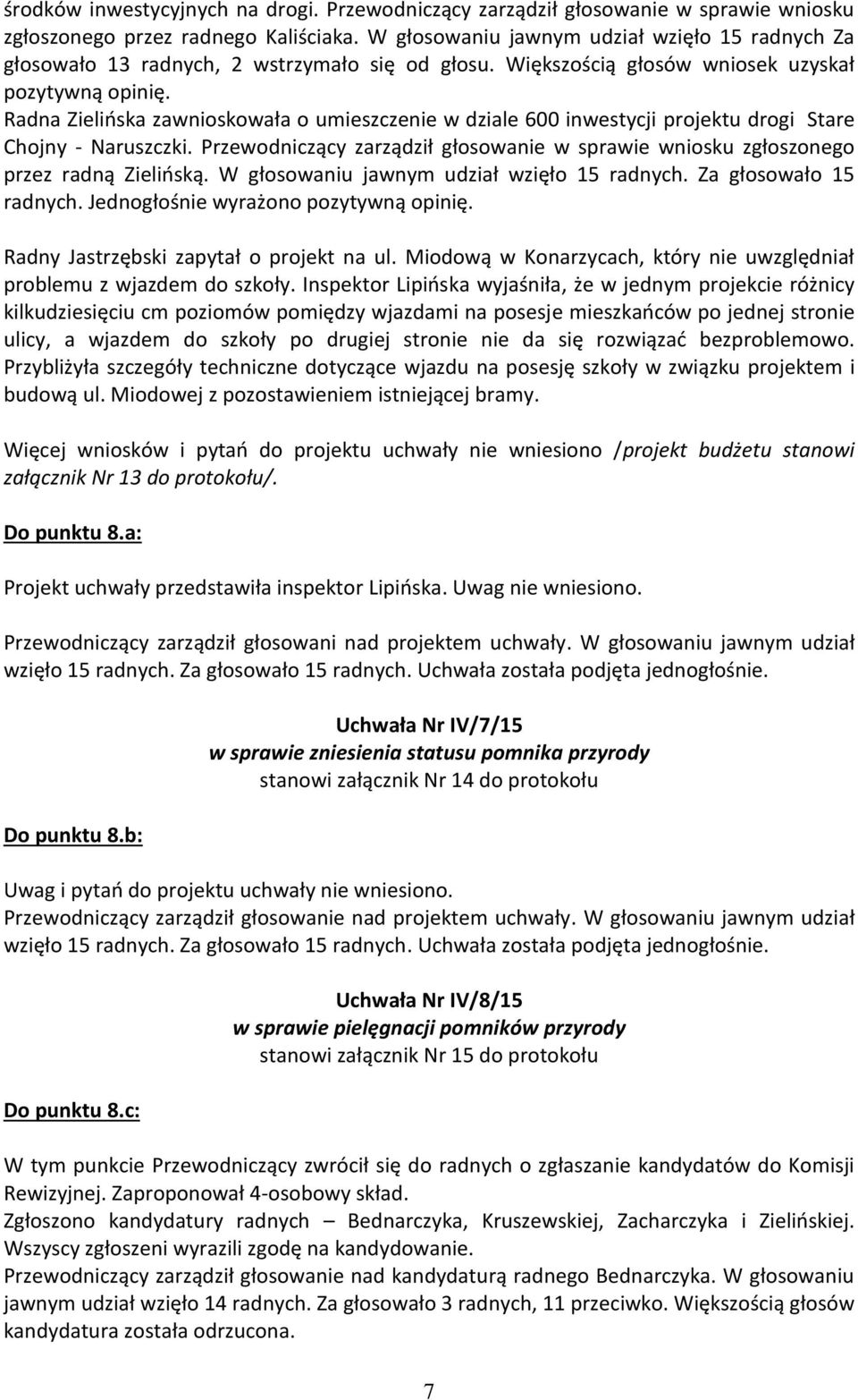 Radna Zielińska zawnioskowała o umieszczenie w dziale 600 inwestycji projektu drogi Stare Chojny - Naruszczki. Przewodniczący zarządził głosowanie w sprawie wniosku zgłoszonego przez radną Zielińską.