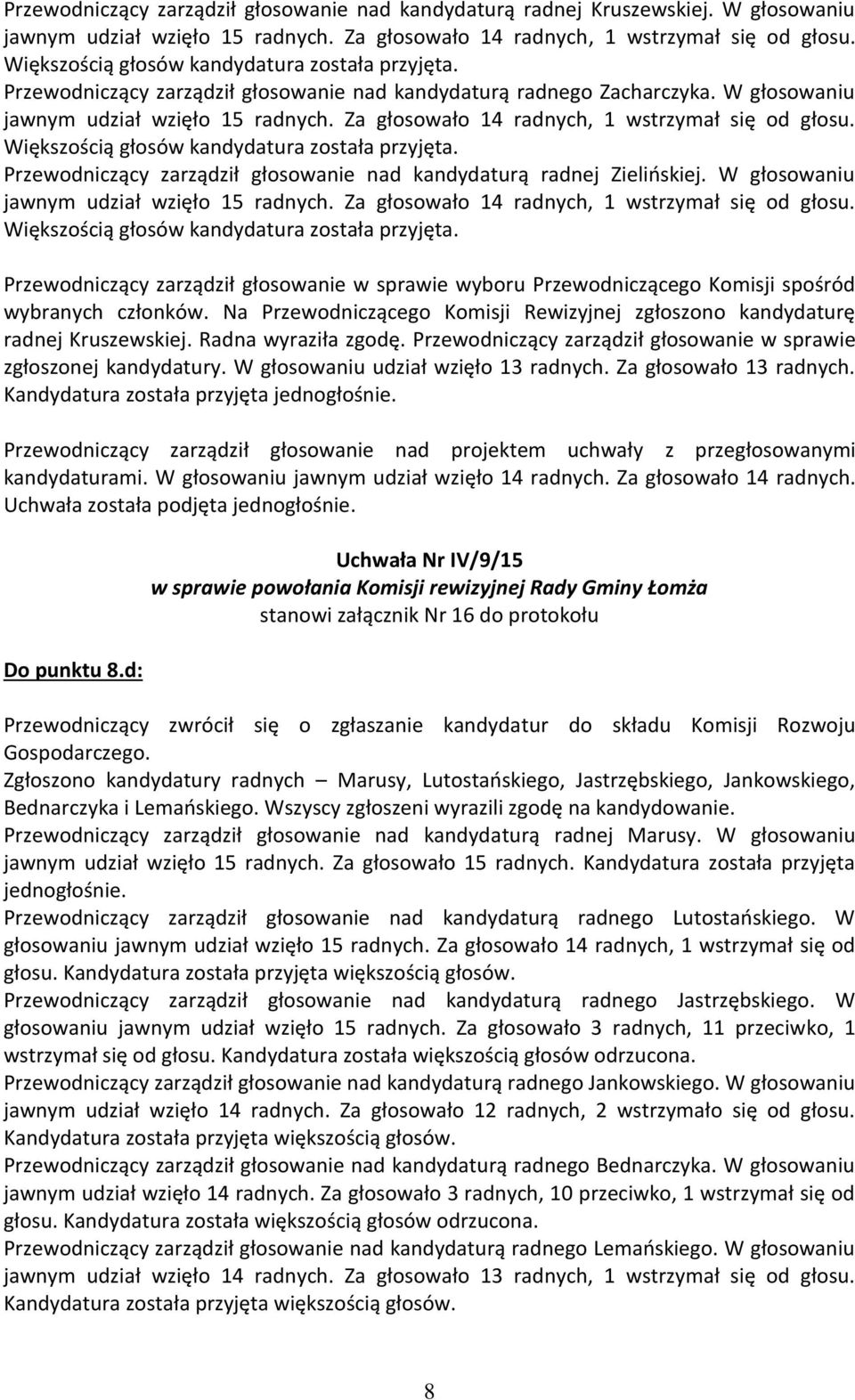 Za głosowało 14 radnych, 1 wstrzymał się od głosu. Większością głosów kandydatura została przyjęta. Przewodniczący zarządził głosowanie nad kandydaturą radnej Zielińskiej.