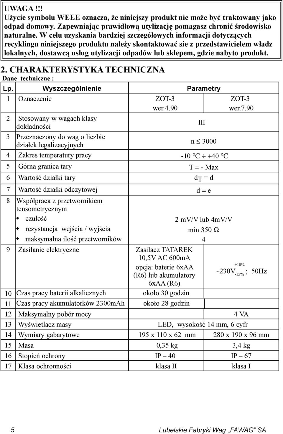 sklepem, gdzie nabyto produkt. 2. CHARAKTERYSTYKA TECHNICZNA Dane techniczne : Lp. Wyszczególnienie Parametry 1 Oznaczenie ZOT-3 wer.4.