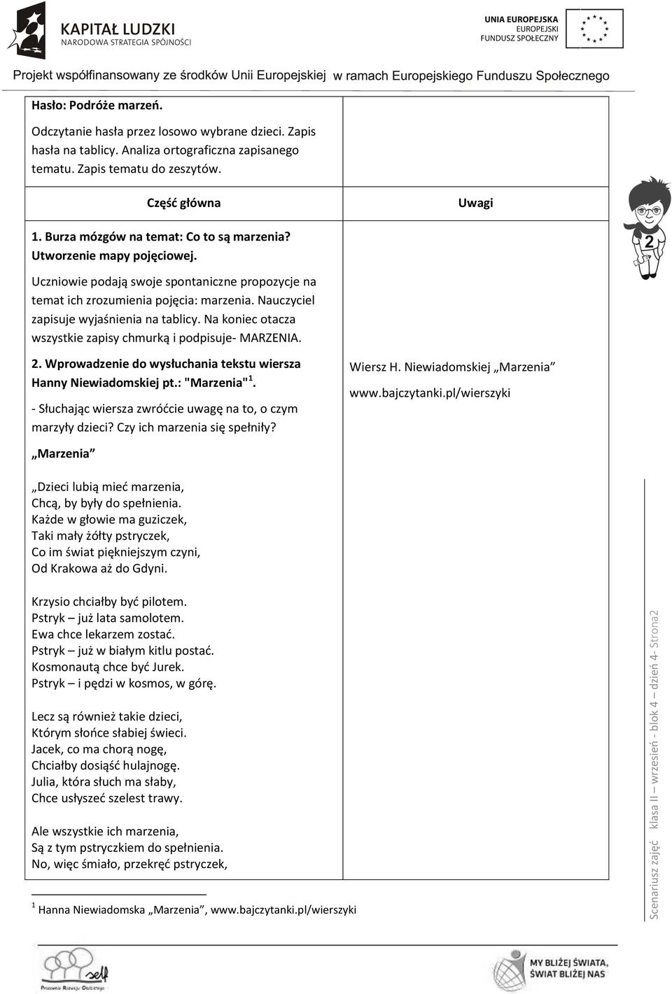 Uczniowie podają swoje spontaniczne propozycje na temat ich zrozumienia pojęcia: marzenia. Nauczyciel zapisuje wyjaśnienia na tablicy. Na koniec otacza wszystkie zapisy chmurką i podpisuje- MARZENIA.