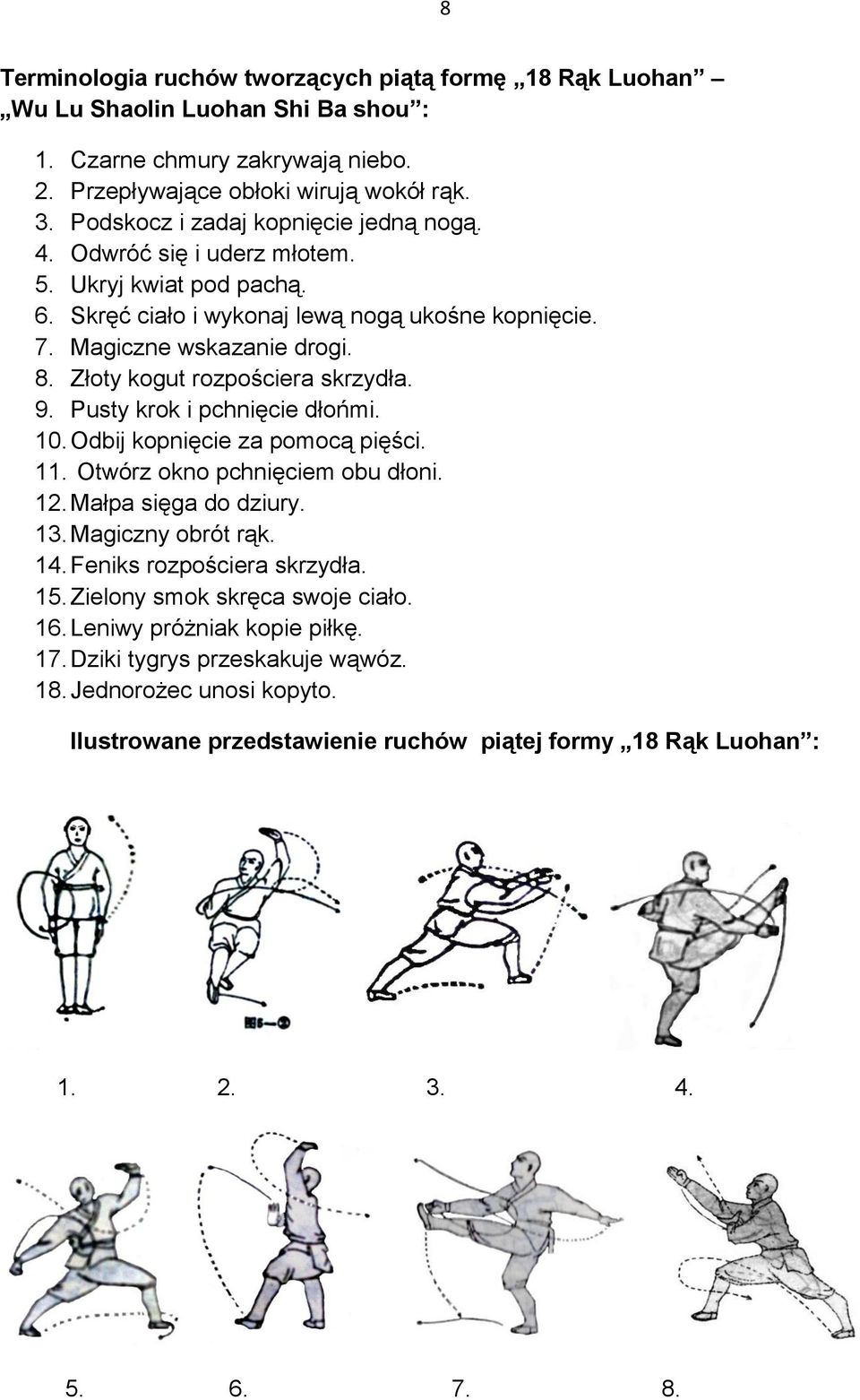 Złoty kogut rozpościera skrzydła. 9. Pusty krok i pchnięcie dłońmi. 10. Odbij kopnięcie za pomocą pięści. 11. Otwórz okno pchnięciem obu dłoni. 12. Małpa sięga do dziury. 13. Magiczny obrót rąk. 14.