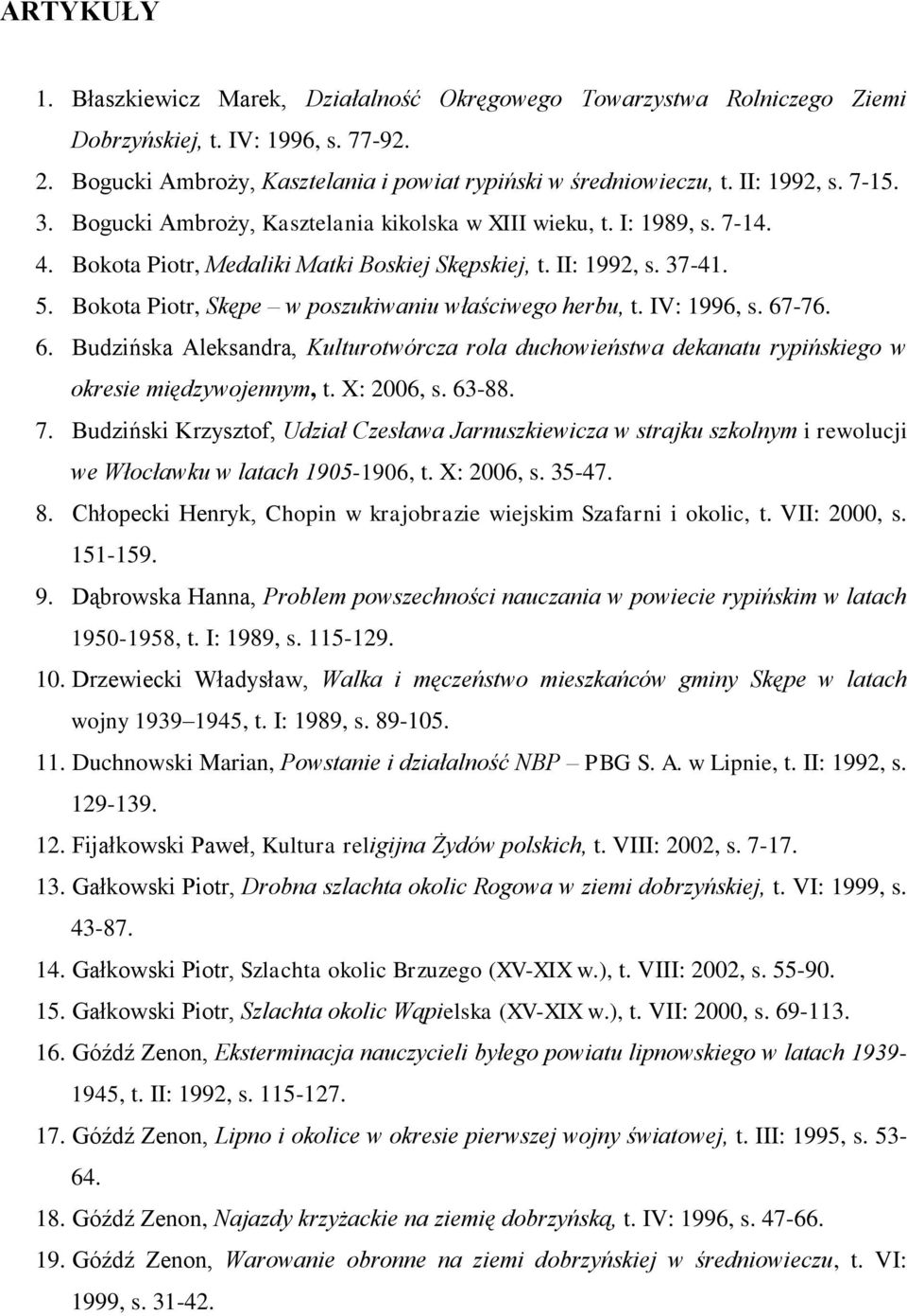 Bokota Piotr, Skępe w poszukiwaniu właściwego herbu, t. IV: 1996, s. 67-76. 6. Budzińska Aleksandra, Kulturotwórcza rola duchowieństwa dekanatu rypińskiego w okresie międzywojennym, t. X: 2006, s.