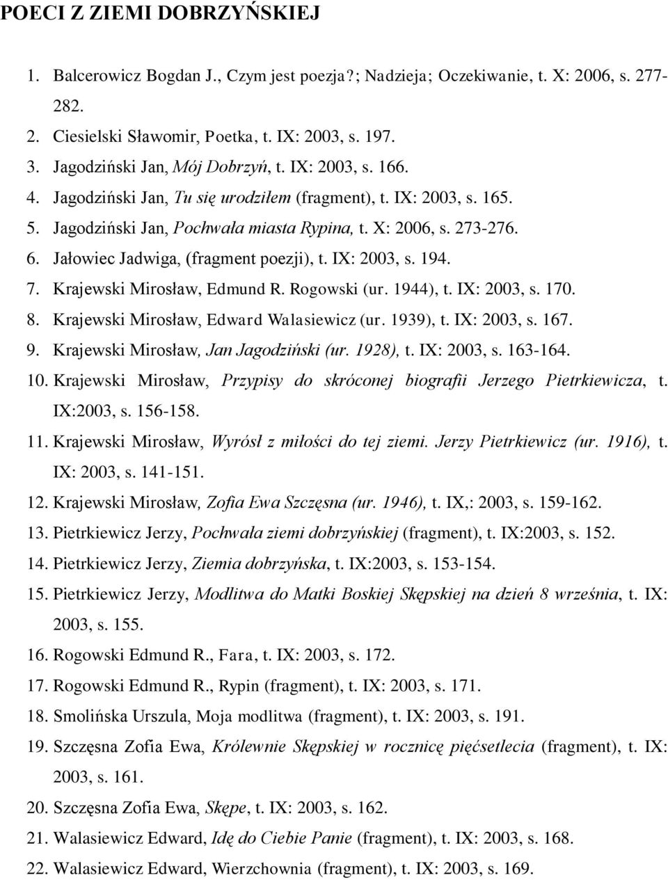 Jałowiec Jadwiga, (fragment poezji), t. IX: 2003, s. 194. 7. Krajewski Mirosław, Edmund R. Rogowski (ur. 1944), t. IX: 2003, s. 170. 8. Krajewski Mirosław, Edward Walasiewicz (ur. 1939), t.