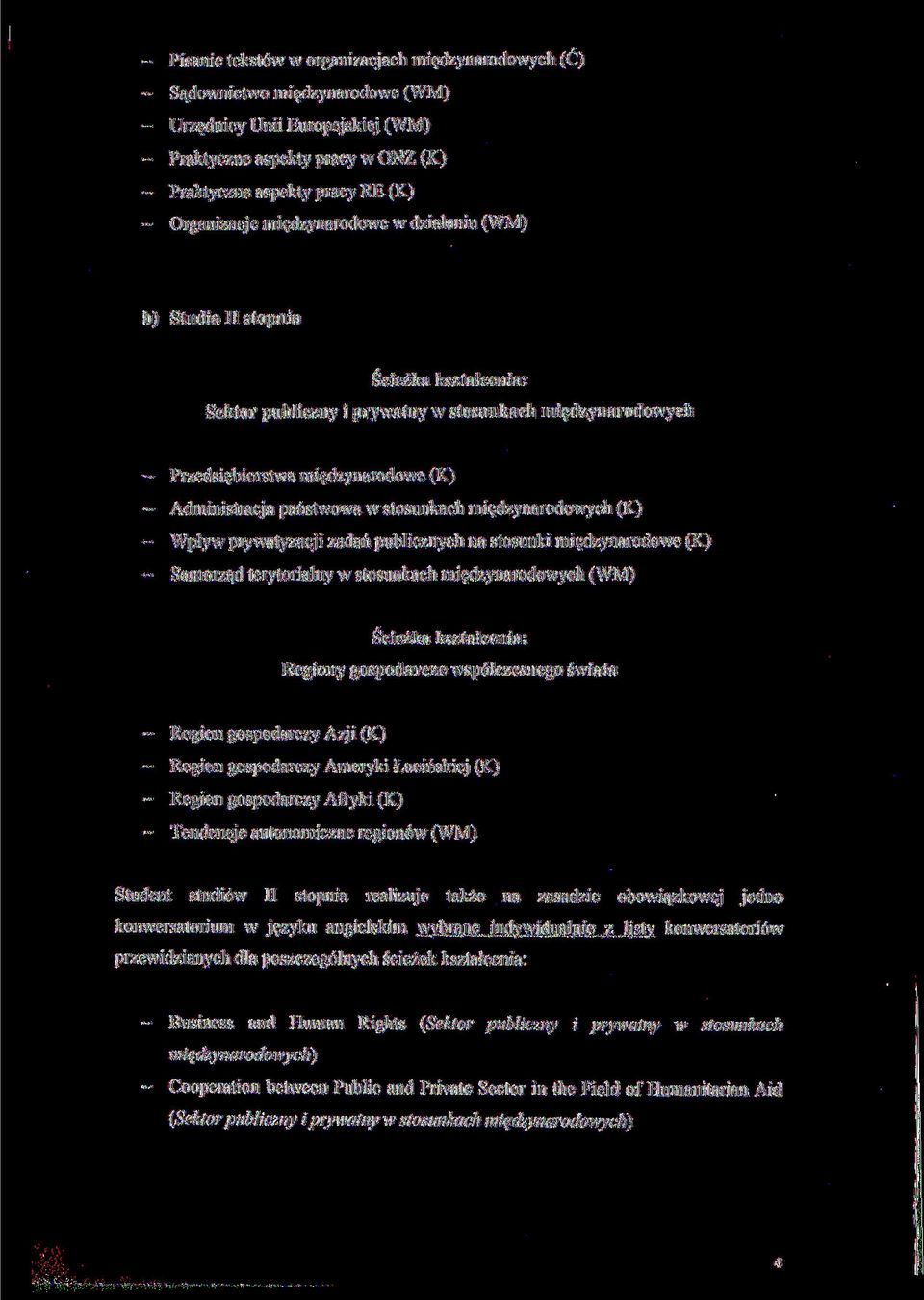 międzynarodowych (K) - Wpływ prywatyzacji zadań publicznych na stosunki międzynarodowe (K) - Samorząd terytorialny w stosunkach międzynarodowych (WM) r Regiony gospodarcze współczesnego świata -