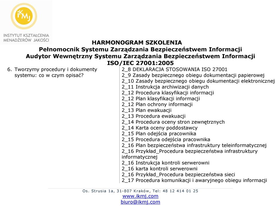 Procedura klasyfikacji informacji 2_12 Plan klasyfikacji informacji 2_12 Plan ochrony informacji 2_13 Plan ewakuacji 2_13 Procedura ewakuacji 2_14 Procedura oceny stron zewnętrznych 2_14 Karta oceny