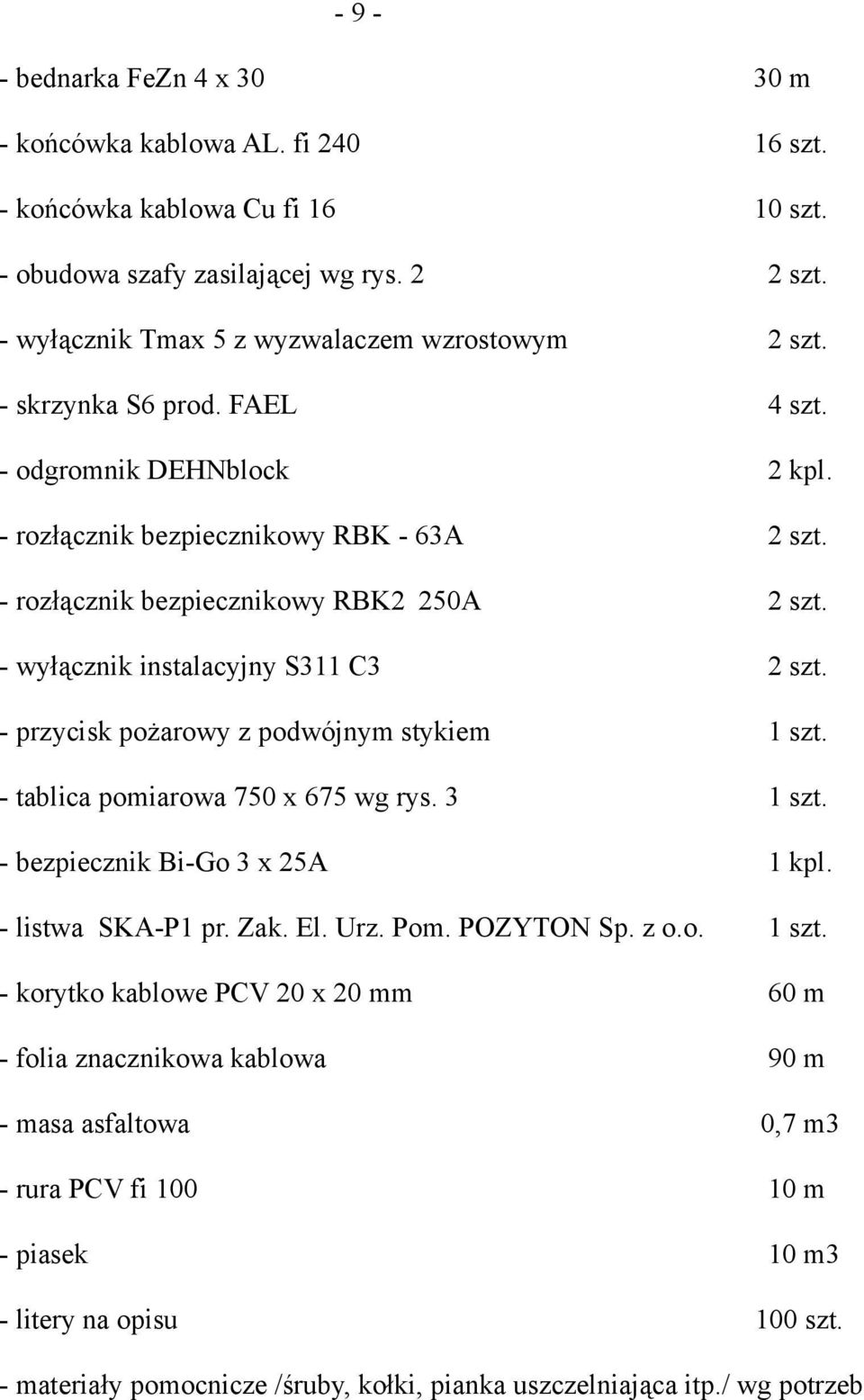 - rozłącznik bezpiecznikowy RBK2 250A 2 szt. - wyłącznik instalacyjny S311 C3 2 szt. - przycisk pożarowy z podwójnym stykiem 1 szt. - tablica pomiarowa 750 x 675 wg rys. 3 1 szt.