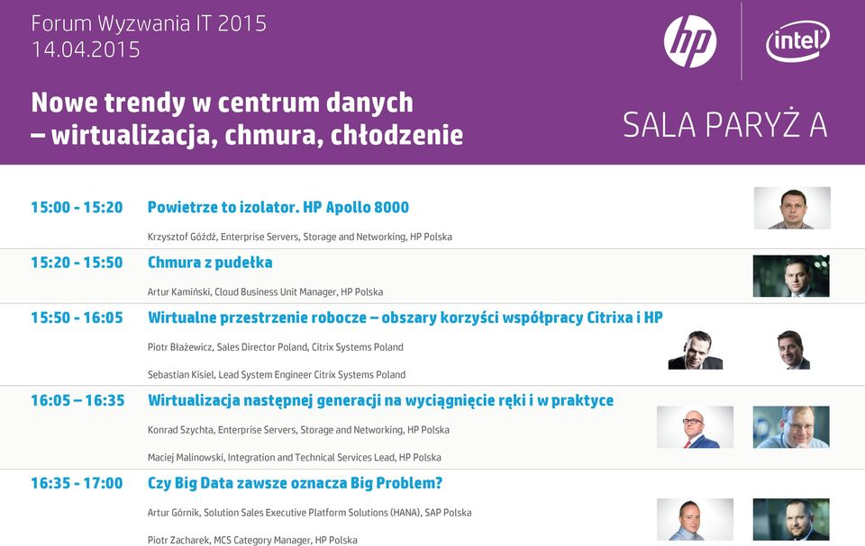 przestrzenie robocze obszary korzyści współpracy Citrixa i HP Piotr Błażewicz, Sales Director Poland, Citrix Systems Poland Sebastian Kisiel, Lead System Engineer Citrix Systems Poland 16:05 16:35