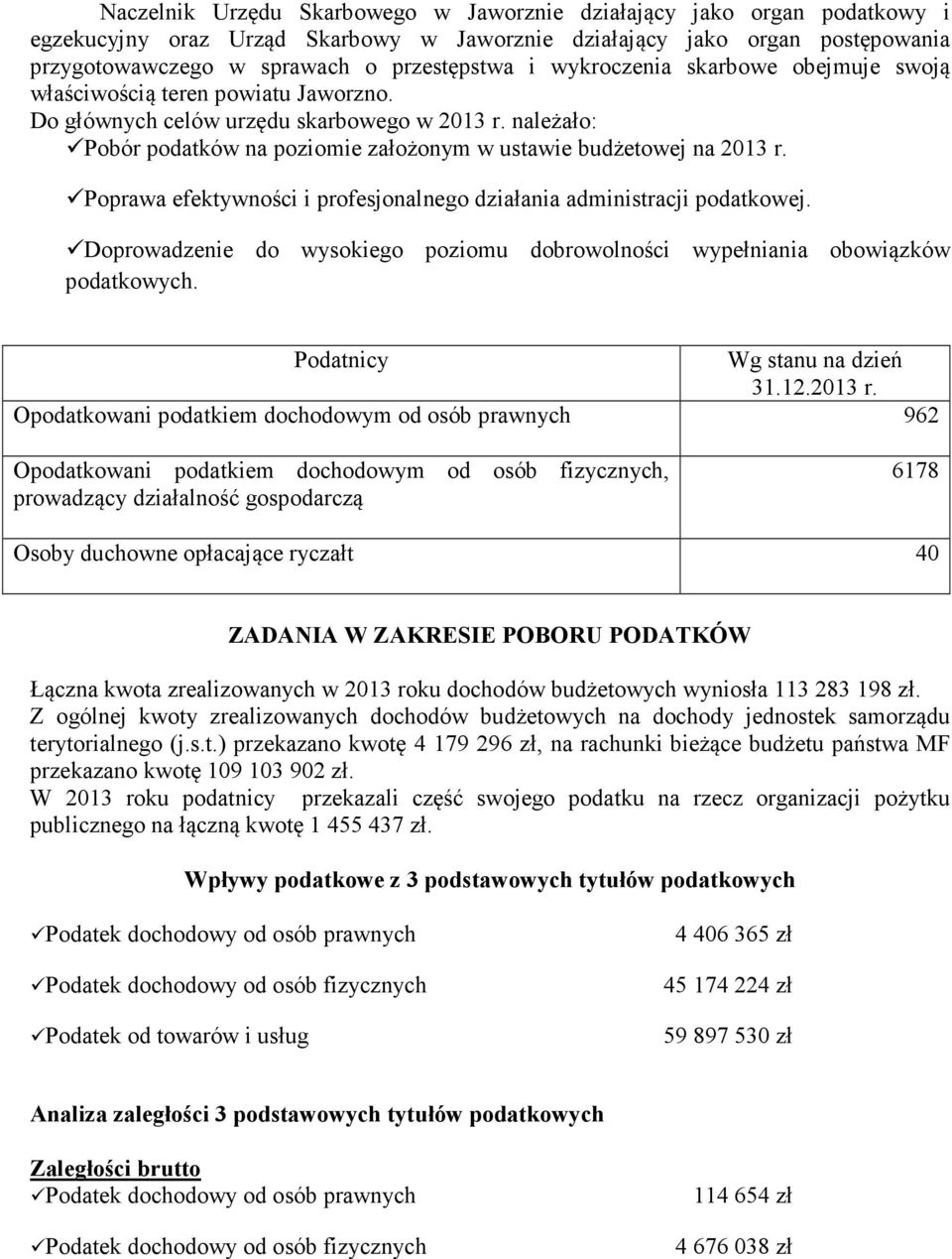 Poprawa efektywności i profesjonalnego działania administracji podatkowej. Doprowadzenie do wysokiego poziomu dobrowolności wypełniania obowiązków podatkowych. Podatnicy Wg stanu na dzień 31.12.