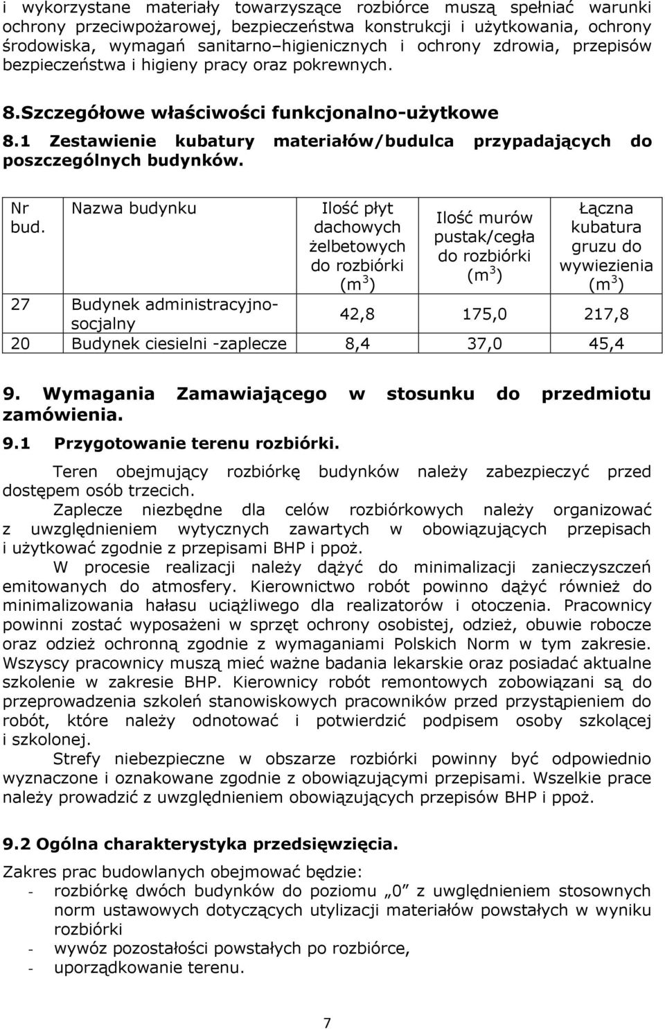 1 Zestawienie kubatury materiałów/budulca przypadających do poszczególnych budynków. Nr bud.