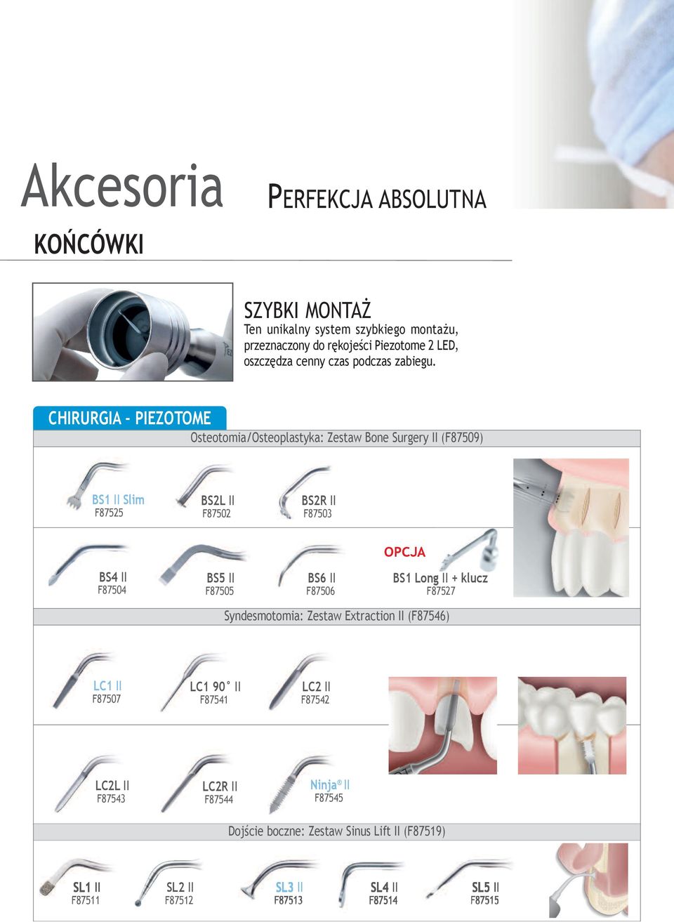 CHiRURGiA piezotome Osteotomia/Osteoplastyka: Zestaw Bone Surgery II (F87509) BS1 II Slim F87525 BS2L II F87502 BS2R II F87503 OpCJA BS4 II F87504 BS5 II
