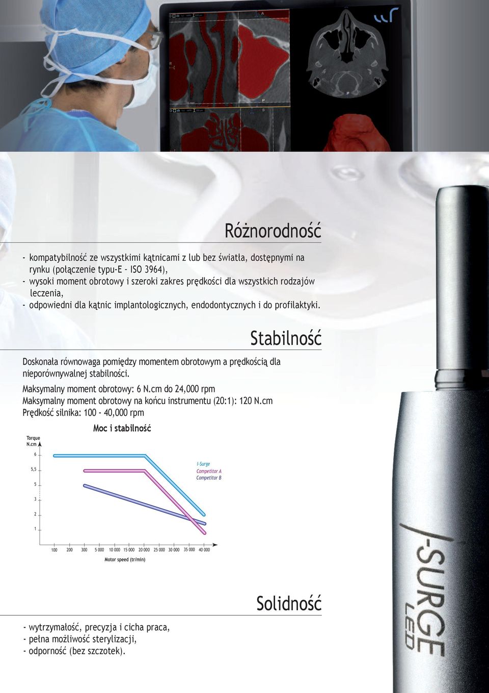 szeroki zakres prędkości dla wszystkich rodzajów leczenia, - odpowiedni dla kątnic implantologicznych, endodontycznych i do profilaktyki.