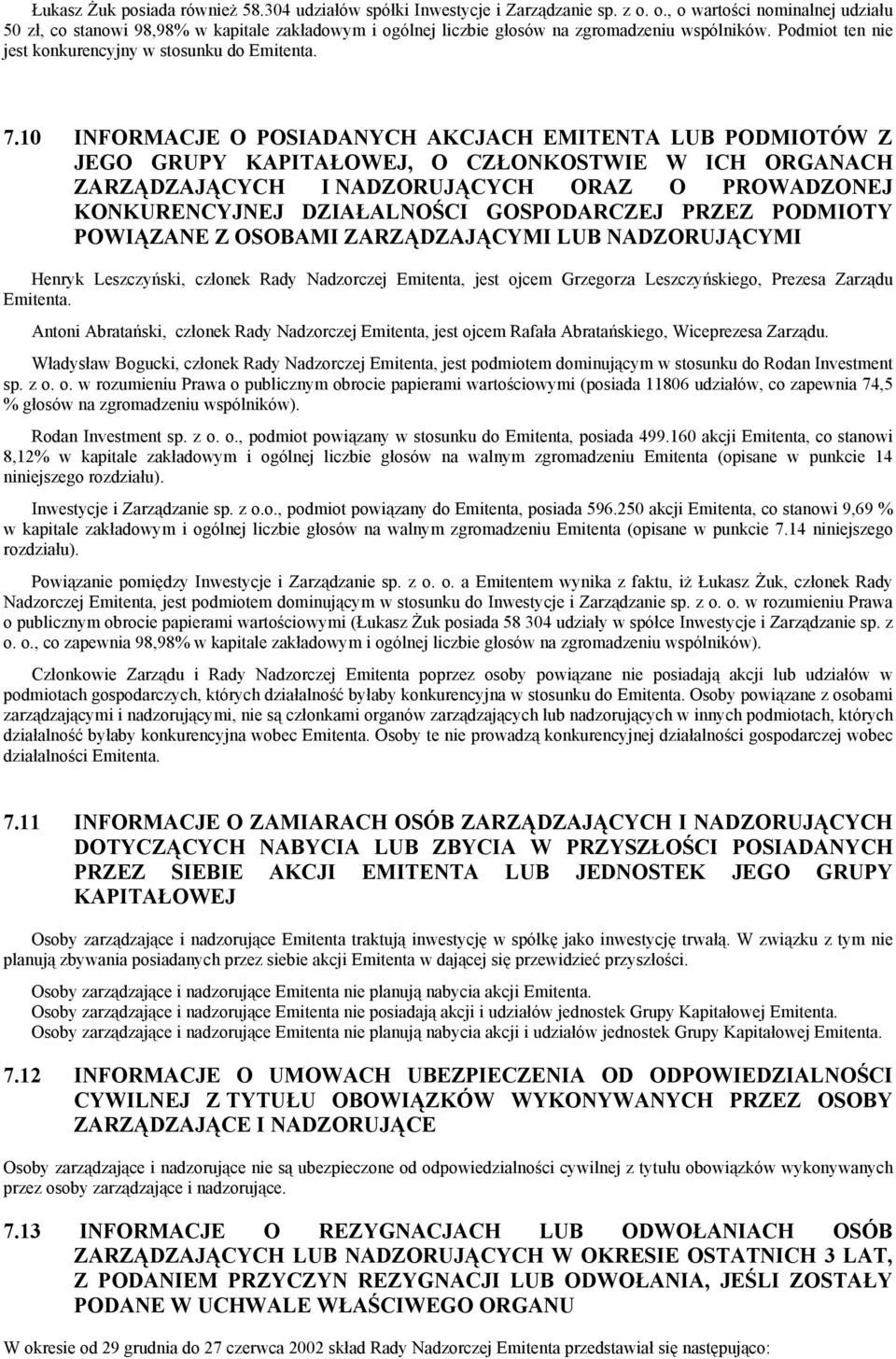 10 INFORMACJE O POSIADANYCH AKCJACH EMITENTA LUB PODMIOTÓW Z JEGO GRUPY KAPITAŁOWEJ, O CZŁONKOSTWIE W ICH ORGANACH ZARZĄDZAJĄCYCH I NADZORUJĄCYCH ORAZ O PROWADZONEJ KONKURENCYJNEJ DZIAŁALNOŚCI