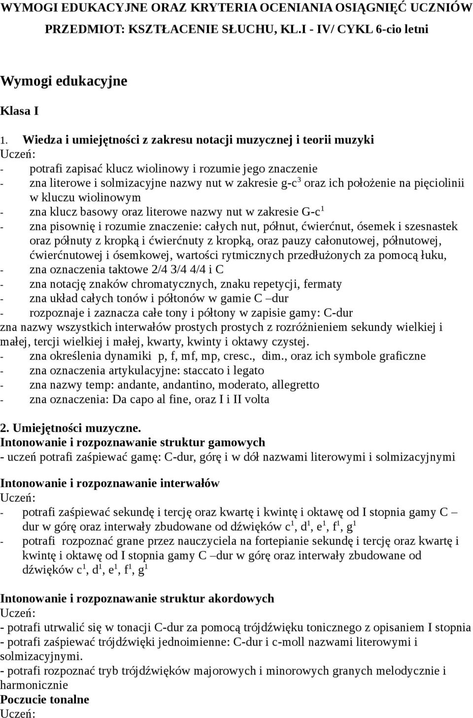 położenie na pięciolinii w kluczu wiolinowym - zna klucz basowy oraz literowe nazwy nut w zakresie G-c 1 - zna pisownię i rozumie znaczenie: całych nut, półnut, ćwierćnut, ósemek i szesnastek oraz