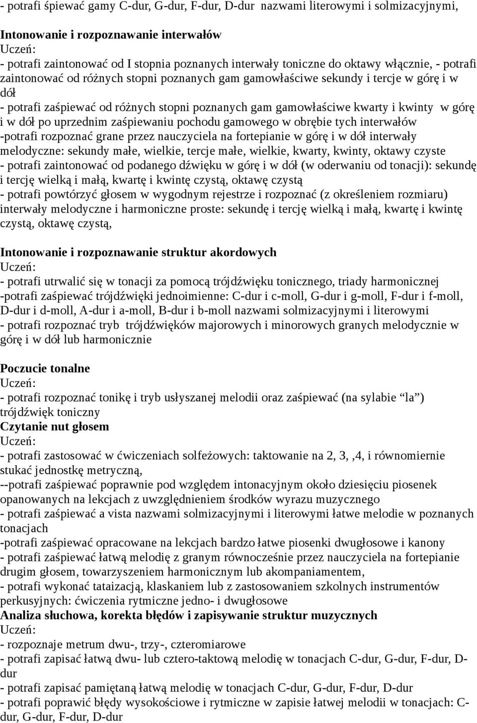 w dół po uprzednim zaśpiewaniu pochodu gamowego w obrębie tych interwałów -potrafi rozpoznać grane przez nauczyciela na fortepianie w górę i w dół interwały melodyczne: sekundy małe, wielkie, tercje
